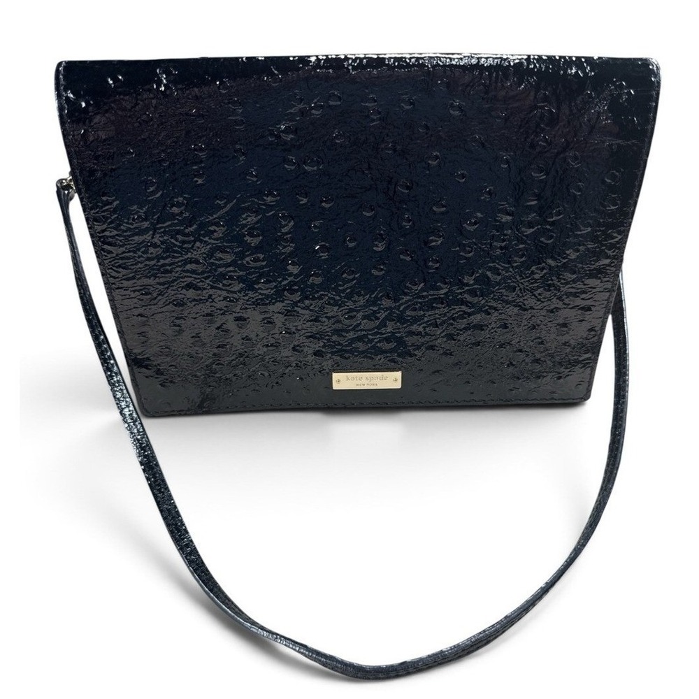 Kate‎ Spade Black Patent Ostrich Embossed Crossbody Bag Gold Logo Evening Clutch